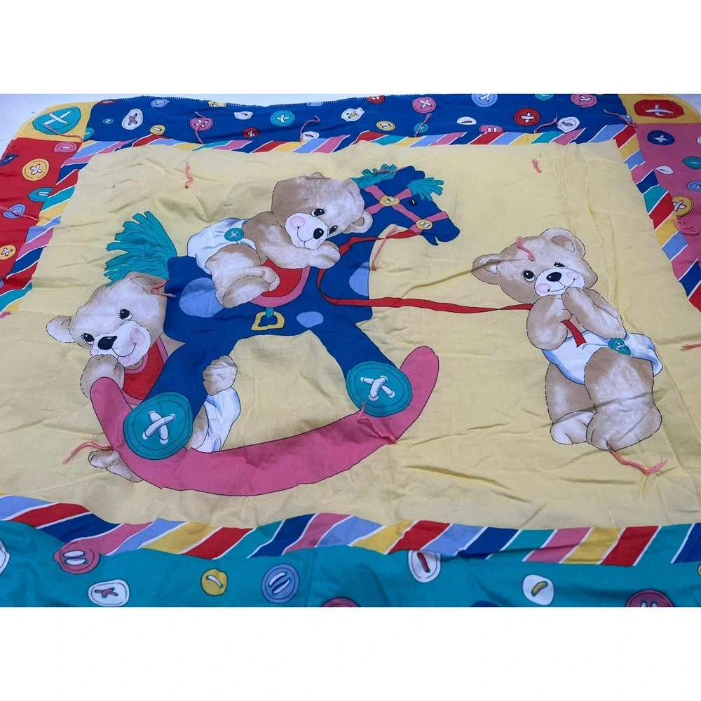Vintage Baby Blanket Quilt Rocking Horse Teddy Bear Button Yellow Blue